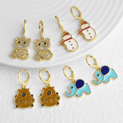 Boucles D'oreilles Pendantes Animaux Dessin Animé Ours Éléphant Bonhomme De Neige Cuivre Plaqué Or Avec Zircon Et Émail Bijoux Mode