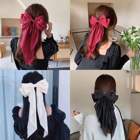 Pinza De Pelo Con Lazo Grande Satén Terciopelo Encaje Cinta Larga Pasador Elegante Dulce Accesorios De Peinado Mujer