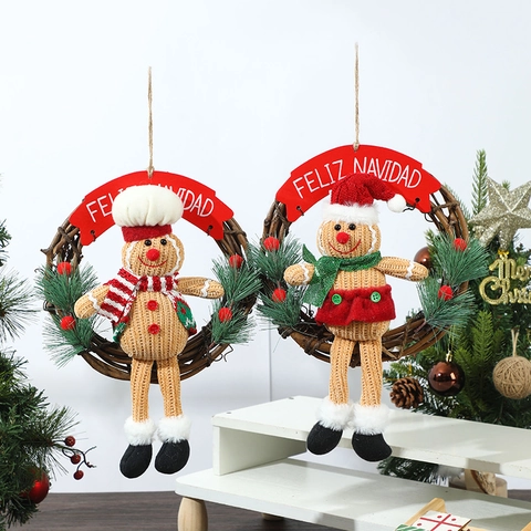 Weihnachten Lebkuchenmann Kranz Rattan Girlande Deko Strickpuppe Feliz Navidad Festlich Tür Wand Haus Ornament