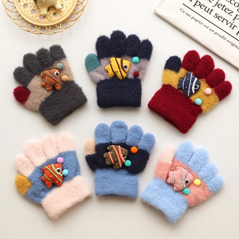 Kinder Strickhandschuhe Dicke Weiche Samt Winter Warm Volle Finger Cartoon Fisch Bär Patchwork Für Kleinkinder Jungen Mädchen