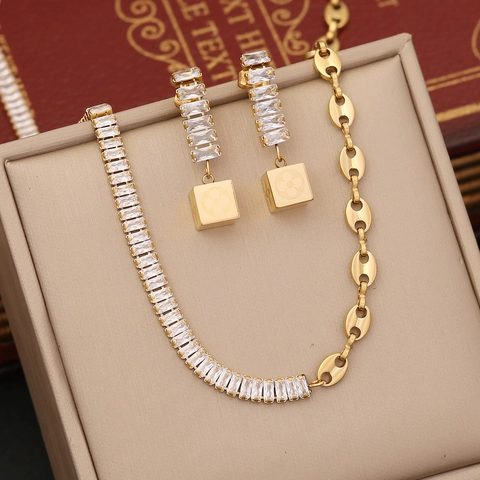 Stainless Steel Jewelry Gold Plated Coffee Bean Chain Rectangular Zircon Necklace Bracelet And Earrings For Women