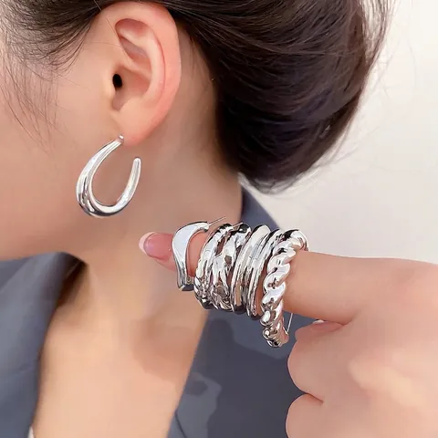 Minimalist Geometric Earrings Set For Women With Silver Earring Post Textured Water Drop Hoop Stud Alloy Luxury Jewelry