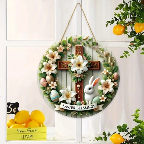 Targa Rotonda In Legno Benedizioni Di Pasqua Croce Coniglio Fiori Appendiporta Decorazione Murale Rustica