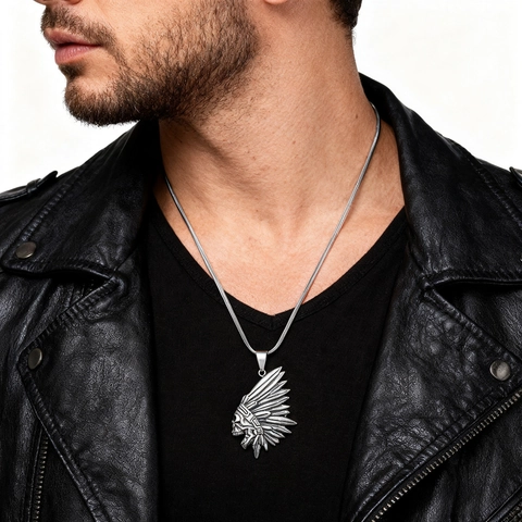 Collana Con Ciondolo Teschio Capo Indiano In Acciaio Inossidabile Retrò Per Uomini Gioielli Punk Gotici Hip Hop Lucidato Piuma