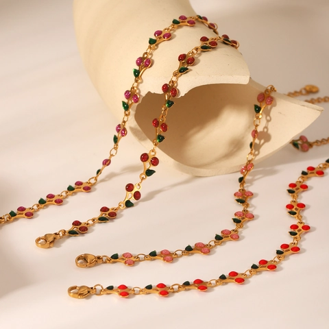 Pulsera De Frutas Y Flores Chapada En Oro De 18K Acero Inoxidable Cereza Margarita Colgante De Hoja Joyería Para Mujer