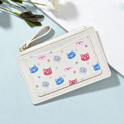Niedliche Cartoon Bär Print PU Leder Kartenhalter Geldbörse Mit Reißverschluss Multi Slots Handschlaufe Für Damen Mädchen