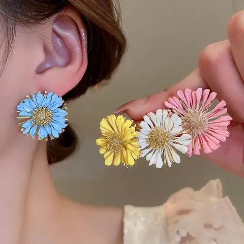 Boucles D'oreilles Puces Marguerite Fait Main En Raphia Avec Tige En Argent Sterling 925 Style Bohème Été Pour Femmes