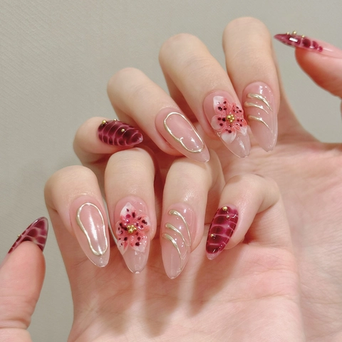 Handgefertigt 3D Blume Künstliche Fingernägel Französischer Leopard Muster Lange Mandel Stiletto Fake Nails Luxus Harz Gel Nägel Damen