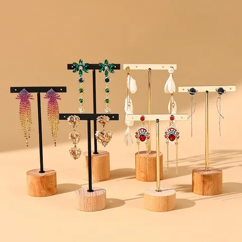 Earring Display Stand Holder Metal T-Bar Round Wood Base Jewelry Organizer Desktop Photography Props Nordic Style