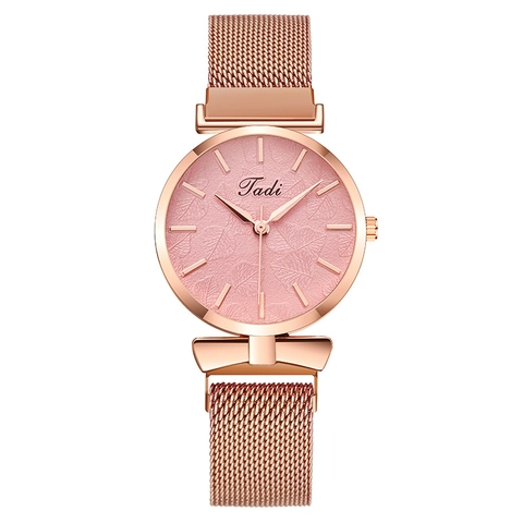 Fashion Women Quartz Watch With Milanese Mesh Metal Strap And Magnetic Buckle Elegant Leaf Texture Dial Rose Gold