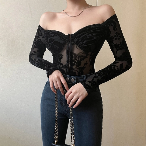 Damen Off Shoulder Bodysuit Langarm Schwarz Spitze Beflockt Floral Mesh Slim Fit Sexy Jumpsuit Top Haken Öse Verschluss
