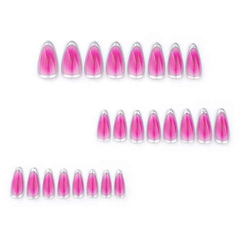 Faux Ongles Amande Dégradé Rose Rouge Brillant Gelée Bord Argent Métallisé French Tip Élégant Pour Femmes