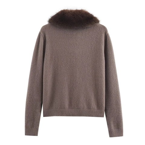Women Knit Cardigan Faux Fur Collar Long Sleeve Button Down Elegant Solid Color Outerwear Sweaters Knitwear Coat