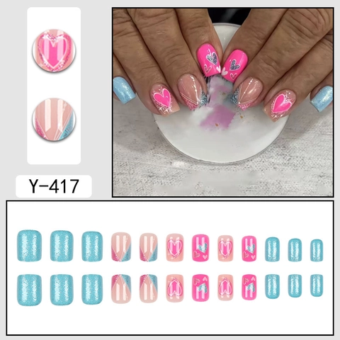 Uñas Postizas Cortas Cuadradas Patrón Corazón Brillo Línea Francesa Rosa Azul Bloque De Color Dulce