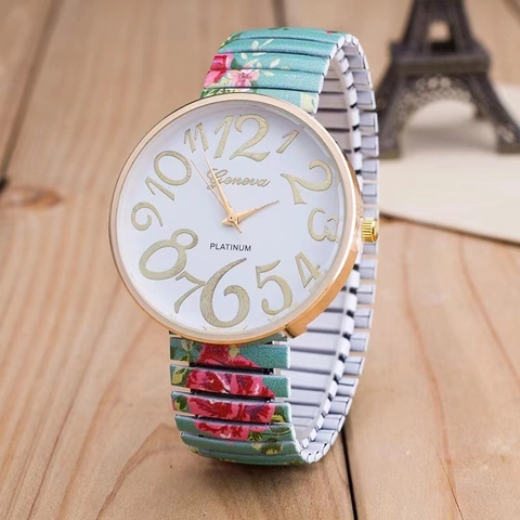 Orologio Al Quarzo Da Donna Stampa Floreale Rosa Cinturino In Metallo Elastico Cassa In Lega Numeri Arabici Casual Vintage