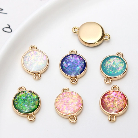 Round Copper Real Gold Plated Synthetic Opal Glitter Connector Charms For DIY Bracelet Earring Jewelry Making Accessories