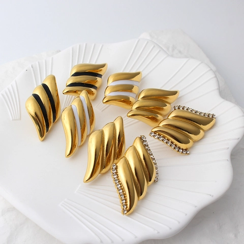 Geometric Angel Wing Wave Stud Earrings Stainless Steel Zircon Enamel Drip Oil Retro Minimalist Jewelry For Women