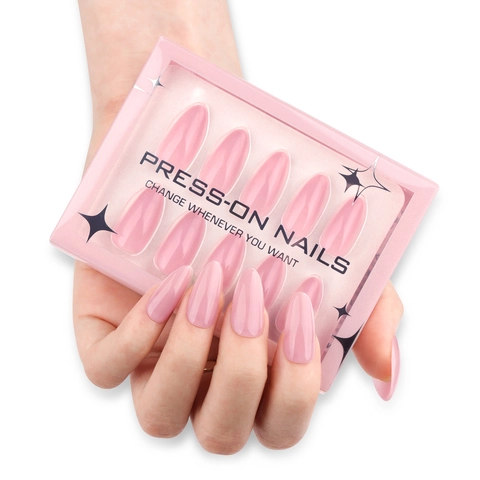 Uñas Postizas De Color Rosa Gelatina Brillante Forma De Almendra Corta Color Puro Cobertura Completa Manicura Para Mujeres Elegante Simple