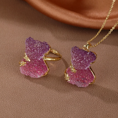 Cute Bear Pendant Necklace And Ring 18K Gold Plated Copper Resin Gradient Color Star Fashion Jewelry For Women Girls