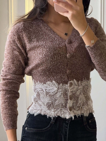 Women Knit Cardigan Sweater With Lace Trim Patchwork V Neck Long Sleeve Slim Fit Solid Color Elegant Outerwear