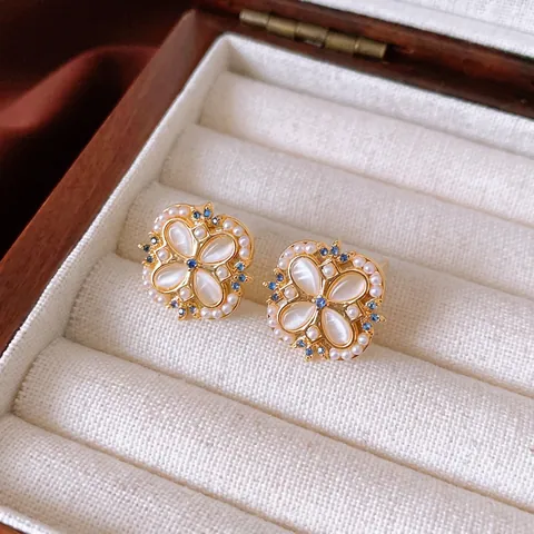 Floral Flower Jewelry For Women Alloy Imitation Artificial Pearl Cat Eye Stone Rhinestone Crystal Silver Earring Post Elegant Fashion