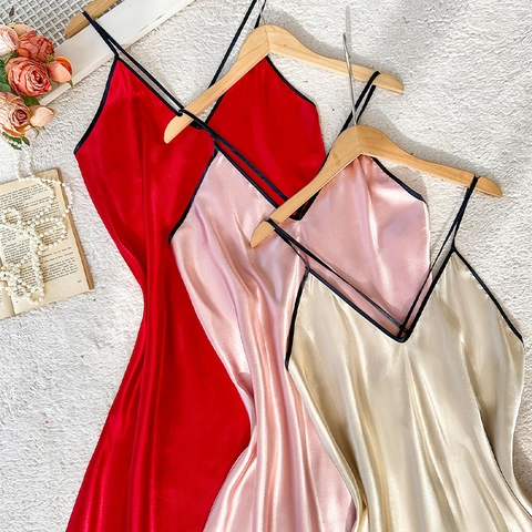 Women Satin Nightdress V Neck Spaghetti Strap Slip Dress Cross Back Imitation Satin Sleepwear Loungewear
