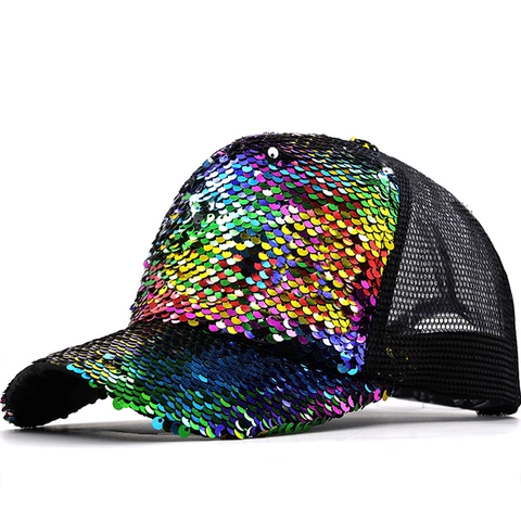 Sequin Mesh Baseball Cap Rainbow Gradient Trucker Hat Adjustable Breathable Snapback Glitter Sun Hat For Women