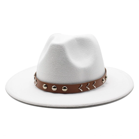 Vintage Wool Felt Fedora Hat Wide Brim Fashion Jazz Cap With Leather Band Metal Rivets For Men Women