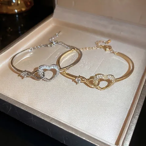 Elegant Heart Infinity Open Bangle Bracelet Zircon Copper Hollow Adjustable Fashion Jewelry For Women