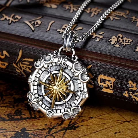 Collana Con Ciondolo Bussola Retro Rame Placcato Argento Stella Nautica Ancora Medaglione Ottagonale Gioielli Hip Hop Uomo