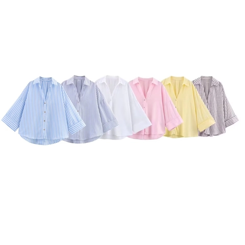 Women Casual Lapel Wide Cuff Shirt Loose Linen Blend Long Sleeve Button Down Blouse Top Stripe Pattern Solid Office Top