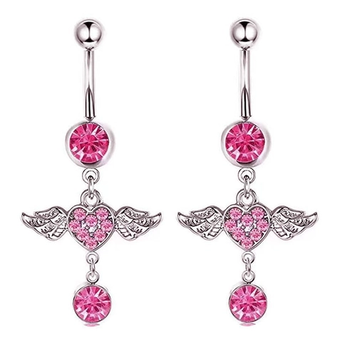 Piercing de Nombril en Acier Inoxydable Cœur Ailes d'Ange Strass Rose Incrusté Bijou de Corps pour Femme Accessoire