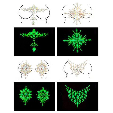 Noctilucent Glow In The Dark Breast Gem Stickers Self Adhesive Iridescent Rhinestone Body Art For Festival Rave Party