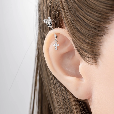 Orecchini Cartilagine Teschio Fiocco Acciaio Titanio Rame Zircone Goccia Croce Ciondolo Gotico Punk Piercing Unisex