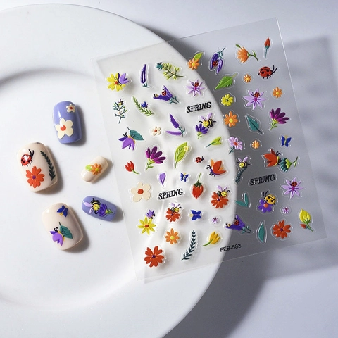 5D Reliëf Nagelstickers Zelfklevend Waterdicht Bloemen Esdoornblad Planten Ontwerp Voor DIY Manicure Decoratie