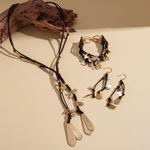 Bohemian Long Necklace Multi Layer Bracelet Drop Earrings Alloy Water Drop Leaf Pendants Brown Faux Suede Cord Women