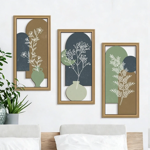 Decorazione Murale Astratta Pianta Targa Legno Colori Morandi Vaso Cavo Motivo Stile Nordico Minimalista Casa