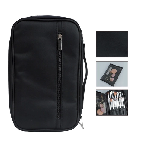 Borsa Porta Pennelli Da Trucco Portatile Tessuto Oxford Cerniera Organizzatore Cosmetici Viaggio Nero
