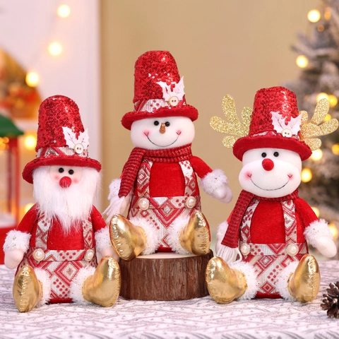 Weihnachts Plüschpuppe Sitzend Ornament Weihnachtsmann Schneemann Rentier Rote Pailletten Goldstiefel Schreibtisch Deko