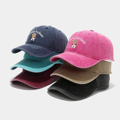 Gorra De Béisbol De Algodón Lavado Bordado De Oso Retro Lucky So Bear Sombrero De Sol Vintage Ajustable Para Hombres Mujeres