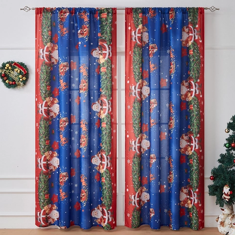 Christmas Curtains Polyester Semi-Shading Holiday Window Drapes Santa Reindeer Snowman Print For Living Room Bedroom