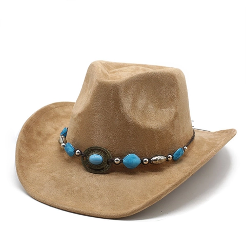Western Cowboy Hat Suede Polyester Ethnic Turquoise Bead Decoration Wide Brim Retro Bohemian Fedora