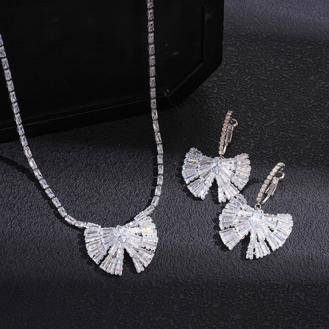 Elegant Bow Pendant Necklace And Earrings Copper Zircon Inlaid Adjustable Jewelry For Women Silver Color