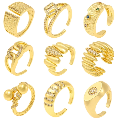 Trendy Geometric Copper Zirconia Open Adjustable Rings For Women Light Luxury Gold Plated Feather Leaf Heart Finger Rings