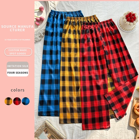 Women Pajama Pants Imitation Satin Plaid Pattern Elastic Waist Wide Leg Sleepwear Loungewear Casual Soft