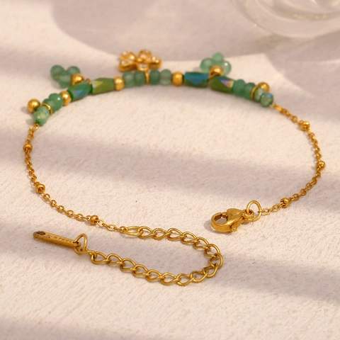 Dames Armband Roestvrij Staal 18K Verguld Groene Kralen Bloem Hanger Elegante Sieraden