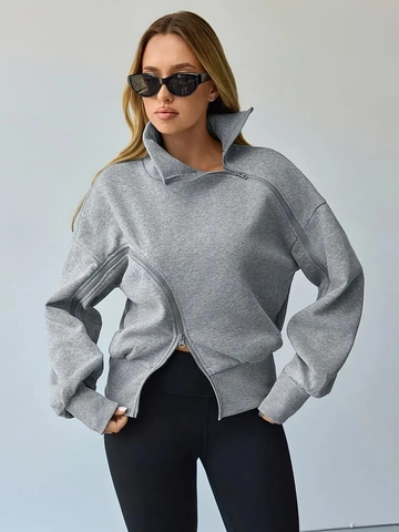 Dames Sweatshirt Asymmetrische Schuine Rits Opstaande Kraag Katoenmix Lange Mouwen Losse Casual Trui Grijs
