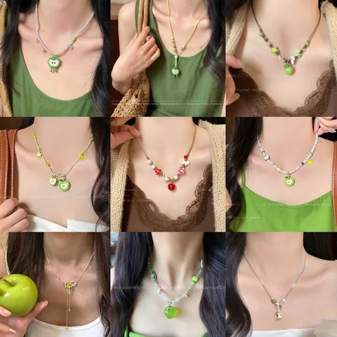 Süße Grüner Apfel Anhänger Halskette Handgefertigte Bunte Perlen Obst Schlüsselbein Kette Schmuck Für Frauen