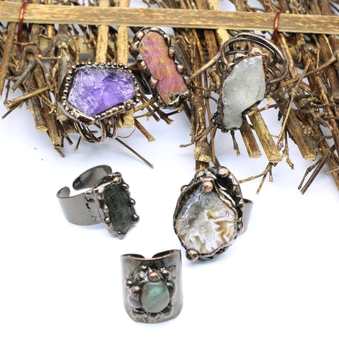 Vintage Natuurlijke Agaat Geode Amethist Bergkristall Ruwe Steen Verstelbare Open Ring Voor Dames Heren Sieraden