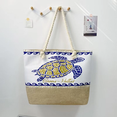 Evil Eye Canvas Jute Tote Bag Large Capacity Beach Shoulder Bag With Rope Handle Zipper Closure Greece Vacation Style Women